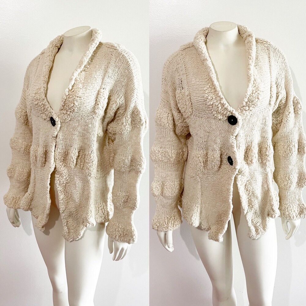 Amano Cream Chunky Knit Wool Sweater Button Cardigan Vintage Medium Large
